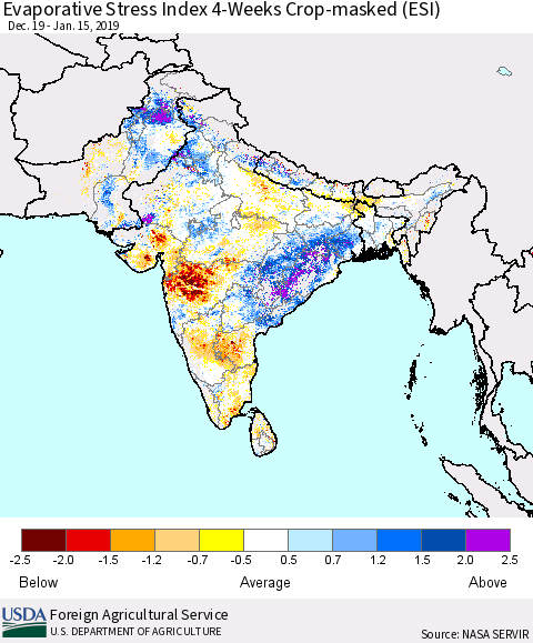 Southern Asia Evaporative Stress Index (ESI), 4-Weeks over Croplands Thematic Map For 1/14/2019 - 1/20/2019