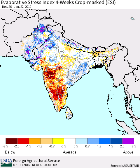 Southern Asia Evaporative Stress Index (ESI), 4-Weeks over Croplands Thematic Map For 1/21/2019 - 1/27/2019