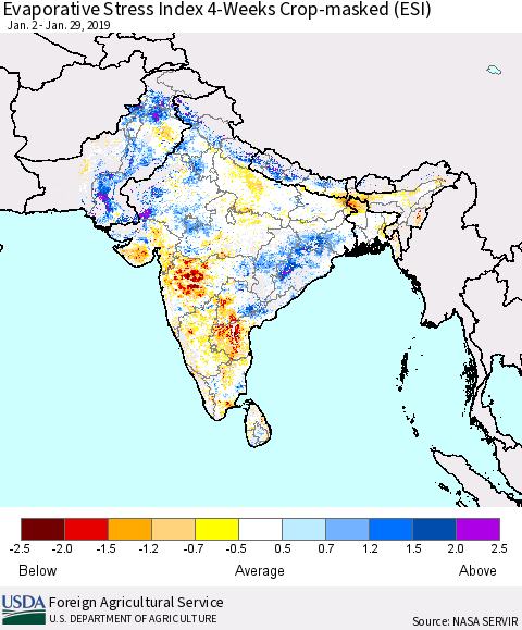 Southern Asia Evaporative Stress Index (ESI), 4-Weeks over Croplands Thematic Map For 1/28/2019 - 2/3/2019