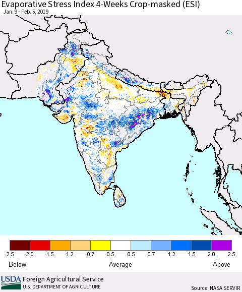 Southern Asia Evaporative Stress Index (ESI), 4-Weeks over Croplands Thematic Map For 2/4/2019 - 2/10/2019