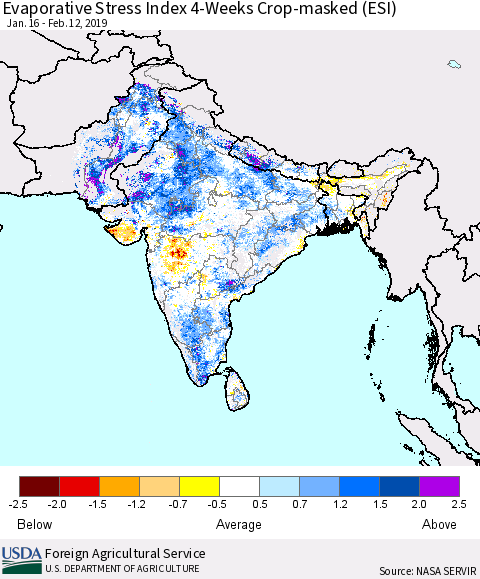Southern Asia Evaporative Stress Index (ESI), 4-Weeks over Croplands Thematic Map For 2/11/2019 - 2/17/2019
