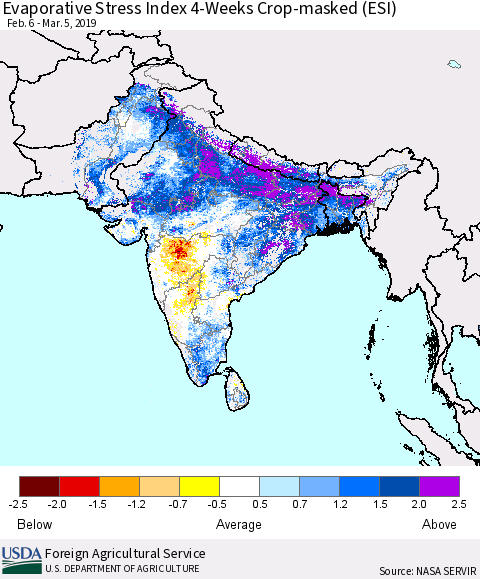 Southern Asia Evaporative Stress Index (ESI), 4-Weeks over Croplands Thematic Map For 3/4/2019 - 3/10/2019