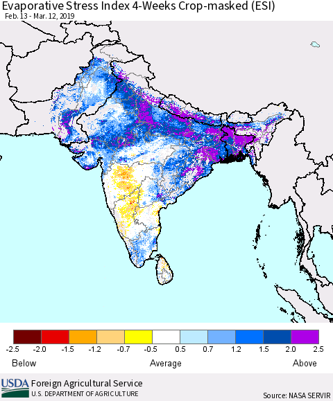 Southern Asia Evaporative Stress Index (ESI), 4-Weeks over Croplands Thematic Map For 3/11/2019 - 3/17/2019