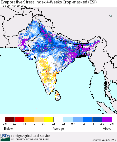 Southern Asia Evaporative Stress Index (ESI), 4-Weeks over Croplands Thematic Map For 3/18/2019 - 3/24/2019