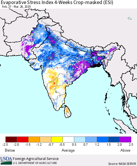 Southern Asia Evaporative Stress Index (ESI), 4-Weeks over Croplands Thematic Map For 3/25/2019 - 3/31/2019