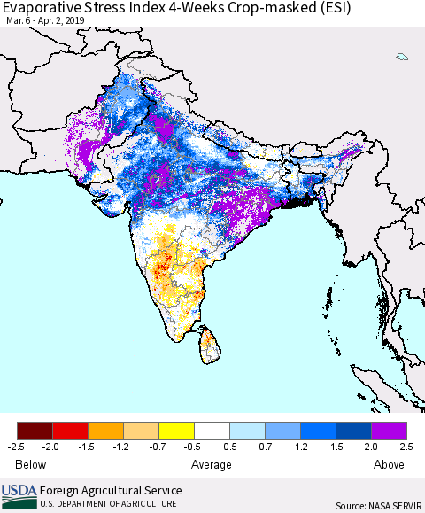 Southern Asia Evaporative Stress Index (ESI), 4-Weeks over Croplands Thematic Map For 4/1/2019 - 4/7/2019