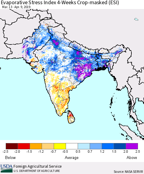 Southern Asia Evaporative Stress Index (ESI), 4-Weeks over Croplands Thematic Map For 4/8/2019 - 4/14/2019