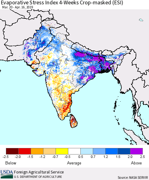 Southern Asia Evaporative Stress Index (ESI), 4-Weeks over Croplands Thematic Map For 4/15/2019 - 4/21/2019