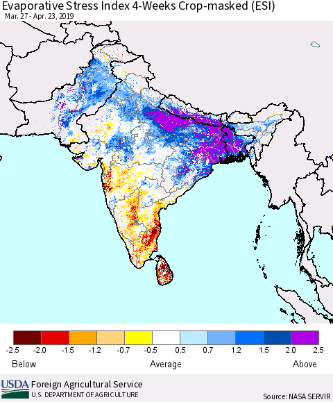 Southern Asia Evaporative Stress Index (ESI), 4-Weeks over Croplands Thematic Map For 4/22/2019 - 4/28/2019