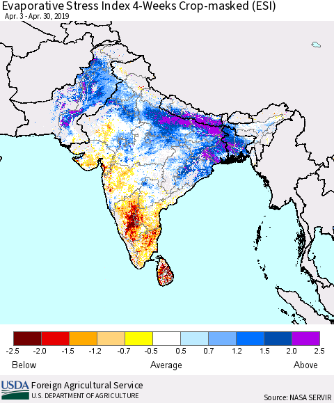 Southern Asia Evaporative Stress Index (ESI), 4-Weeks over Croplands Thematic Map For 4/29/2019 - 5/5/2019