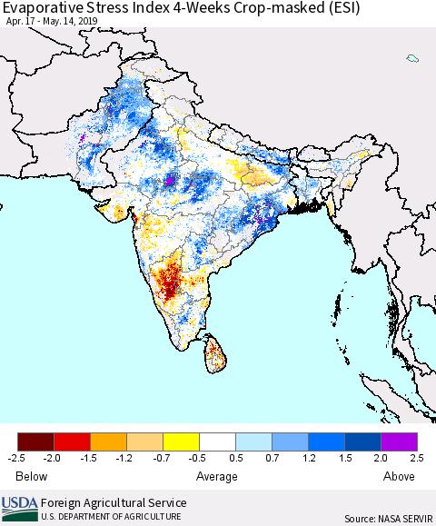 Southern Asia Evaporative Stress Index (ESI), 4-Weeks over Croplands Thematic Map For 5/13/2019 - 5/19/2019