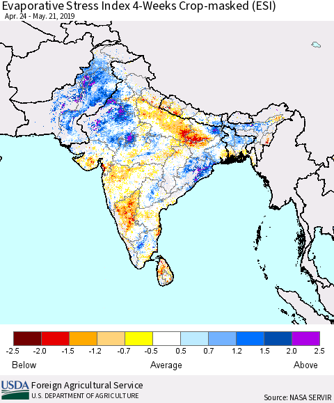 Southern Asia Evaporative Stress Index (ESI), 4-Weeks over Croplands Thematic Map For 5/20/2019 - 5/26/2019