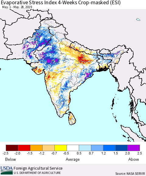 Southern Asia Evaporative Stress Index (ESI), 4-Weeks over Croplands Thematic Map For 5/27/2019 - 6/2/2019