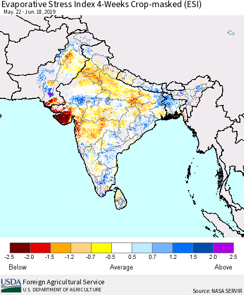 Southern Asia Evaporative Stress Index (ESI), 4-Weeks over Croplands Thematic Map For 6/17/2019 - 6/23/2019
