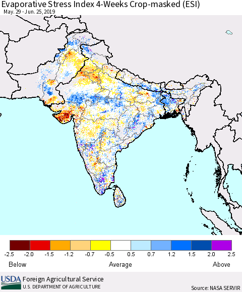 Southern Asia Evaporative Stress Index (ESI), 4-Weeks over Croplands Thematic Map For 6/24/2019 - 6/30/2019