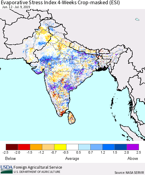 Southern Asia Evaporative Stress Index (ESI), 4-Weeks over Croplands Thematic Map For 7/8/2019 - 7/14/2019