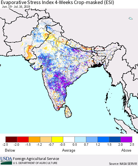 Southern Asia Evaporative Stress Index (ESI), 4-Weeks over Croplands Thematic Map For 7/15/2019 - 7/21/2019