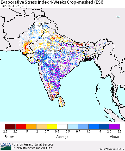 Southern Asia Evaporative Stress Index (ESI), 4-Weeks over Croplands Thematic Map For 7/22/2019 - 7/28/2019