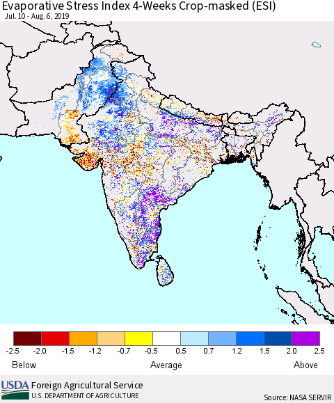 Southern Asia Evaporative Stress Index (ESI), 4-Weeks over Croplands Thematic Map For 8/5/2019 - 8/11/2019