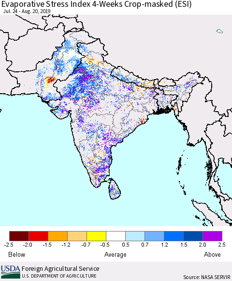 Southern Asia Evaporative Stress Index (ESI), 4-Weeks over Croplands Thematic Map For 8/19/2019 - 8/25/2019