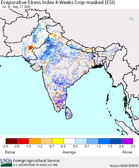 Southern Asia Evaporative Stress Index (ESI), 4-Weeks over Croplands Thematic Map For 8/26/2019 - 9/1/2019