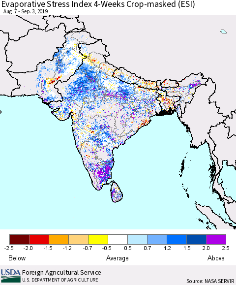 Southern Asia Evaporative Stress Index (ESI), 4-Weeks over Croplands Thematic Map For 9/2/2019 - 9/8/2019