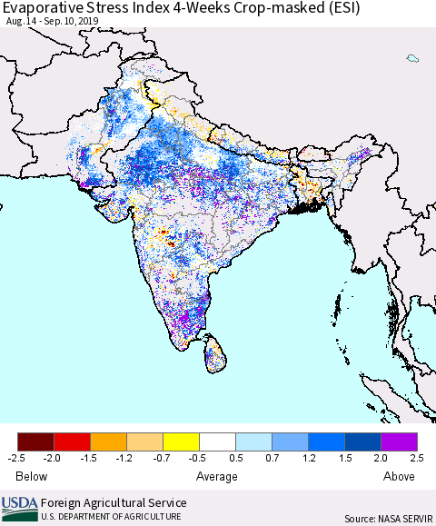 Southern Asia Evaporative Stress Index (ESI), 4-Weeks over Croplands Thematic Map For 9/9/2019 - 9/15/2019