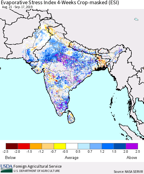 Southern Asia Evaporative Stress Index (ESI), 4-Weeks over Croplands Thematic Map For 9/16/2019 - 9/22/2019