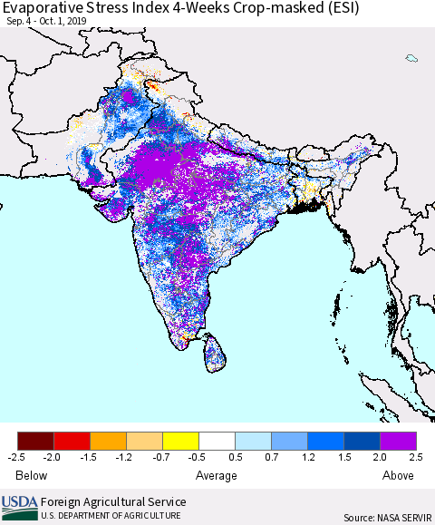 Southern Asia Evaporative Stress Index (ESI), 4-Weeks over Croplands Thematic Map For 9/30/2019 - 10/6/2019