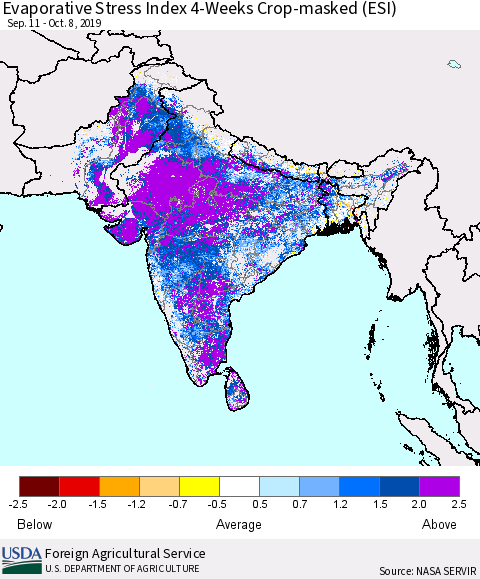 Southern Asia Evaporative Stress Index (ESI), 4-Weeks over Croplands Thematic Map For 10/7/2019 - 10/13/2019