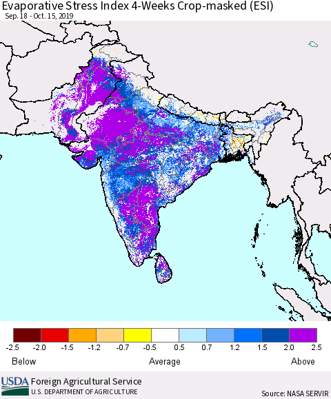 Southern Asia Evaporative Stress Index (ESI), 4-Weeks over Croplands Thematic Map For 10/14/2019 - 10/20/2019