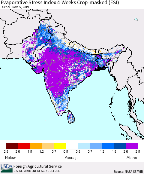 Southern Asia Evaporative Stress Index (ESI), 4-Weeks over Croplands Thematic Map For 11/4/2019 - 11/10/2019