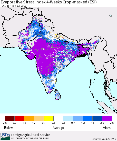Southern Asia Evaporative Stress Index (ESI), 4-Weeks over Croplands Thematic Map For 11/11/2019 - 11/17/2019