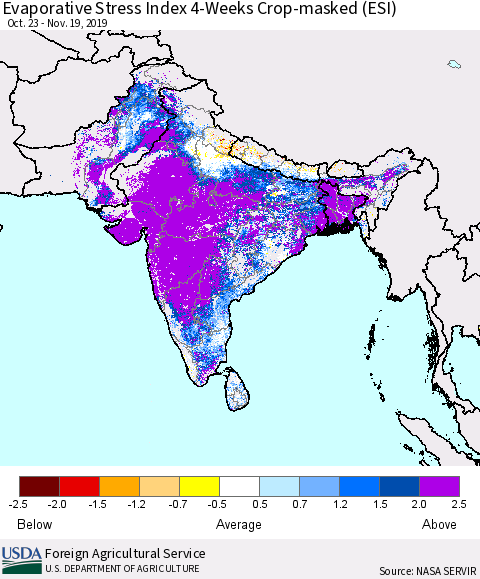 Southern Asia Evaporative Stress Index (ESI), 4-Weeks over Croplands Thematic Map For 11/18/2019 - 11/24/2019