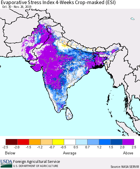 Southern Asia Evaporative Stress Index (ESI), 4-Weeks over Croplands Thematic Map For 11/25/2019 - 12/1/2019