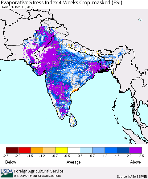 Southern Asia Evaporative Stress Index (ESI), 4-Weeks over Croplands Thematic Map For 12/9/2019 - 12/15/2019