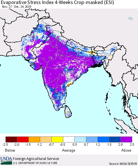 Southern Asia Evaporative Stress Index (ESI), 4-Weeks over Croplands Thematic Map For 12/23/2019 - 12/29/2019