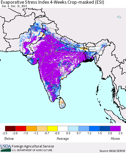 Southern Asia Evaporative Stress Index (ESI), 4-Weeks over Croplands Thematic Map For 12/30/2019 - 1/5/2020