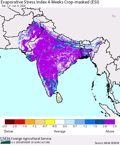 Southern Asia Evaporative Stress Index (ESI), 4-Weeks over Croplands Thematic Map For 1/6/2020 - 1/12/2020