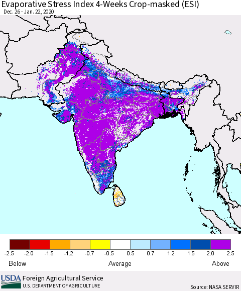 Southern Asia Evaporative Stress Index (ESI), 4-Weeks over Croplands Thematic Map For 1/20/2020 - 1/26/2020