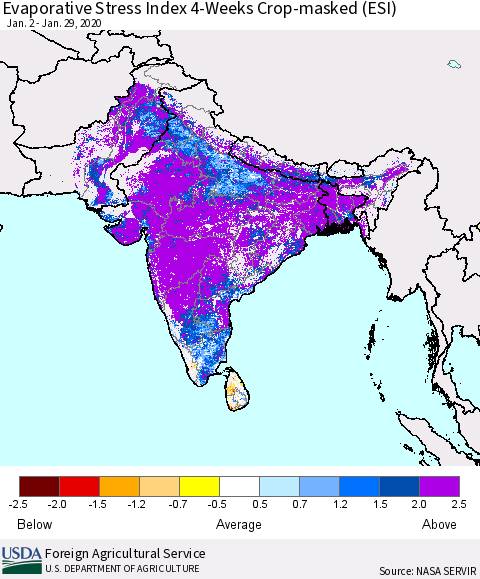 Southern Asia Evaporative Stress Index (ESI), 4-Weeks over Croplands Thematic Map For 1/27/2020 - 2/2/2020
