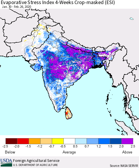 Southern Asia Evaporative Stress Index (ESI), 4-Weeks over Croplands Thematic Map For 2/24/2020 - 3/1/2020