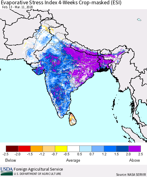 Southern Asia Evaporative Stress Index (ESI), 4-Weeks over Croplands Thematic Map For 3/9/2020 - 3/15/2020