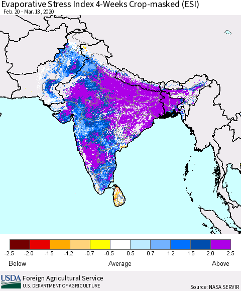 Southern Asia Evaporative Stress Index (ESI), 4-Weeks over Croplands Thematic Map For 3/16/2020 - 3/22/2020