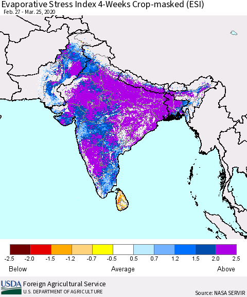 Southern Asia Evaporative Stress Index (ESI), 4-Weeks over Croplands Thematic Map For 3/23/2020 - 3/29/2020