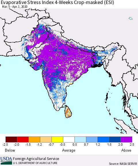 Southern Asia Evaporative Stress Index (ESI), 4-Weeks over Croplands Thematic Map For 3/30/2020 - 4/5/2020