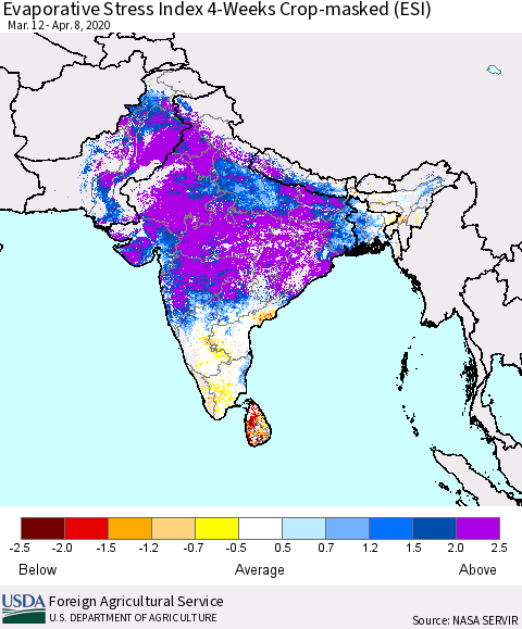 Southern Asia Evaporative Stress Index (ESI), 4-Weeks over Croplands Thematic Map For 4/6/2020 - 4/12/2020