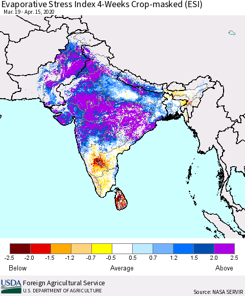 Southern Asia Evaporative Stress Index (ESI), 4-Weeks over Croplands Thematic Map For 4/13/2020 - 4/19/2020