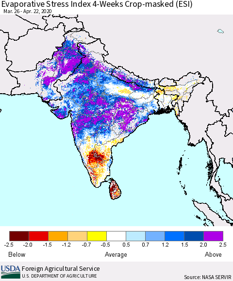 Southern Asia Evaporative Stress Index (ESI), 4-Weeks over Croplands Thematic Map For 4/20/2020 - 4/26/2020