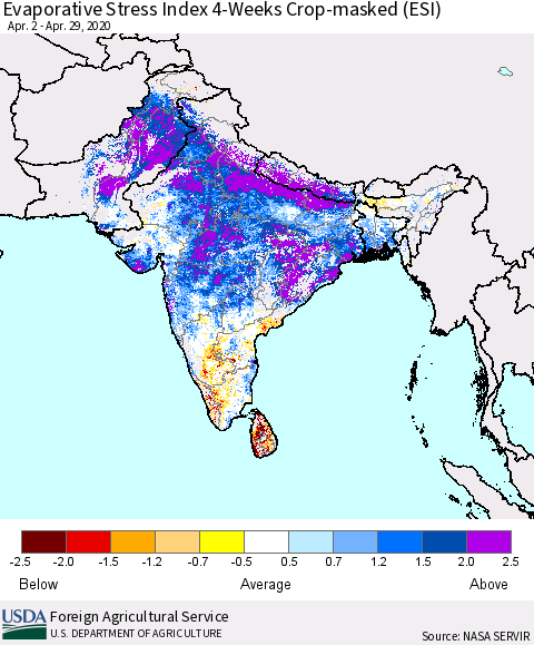 Southern Asia Evaporative Stress Index (ESI), 4-Weeks over Croplands Thematic Map For 4/27/2020 - 5/3/2020